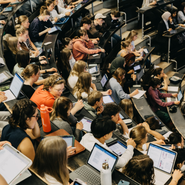 Studierende sitzen in einem Hörsaal und arbeiten an Laptops